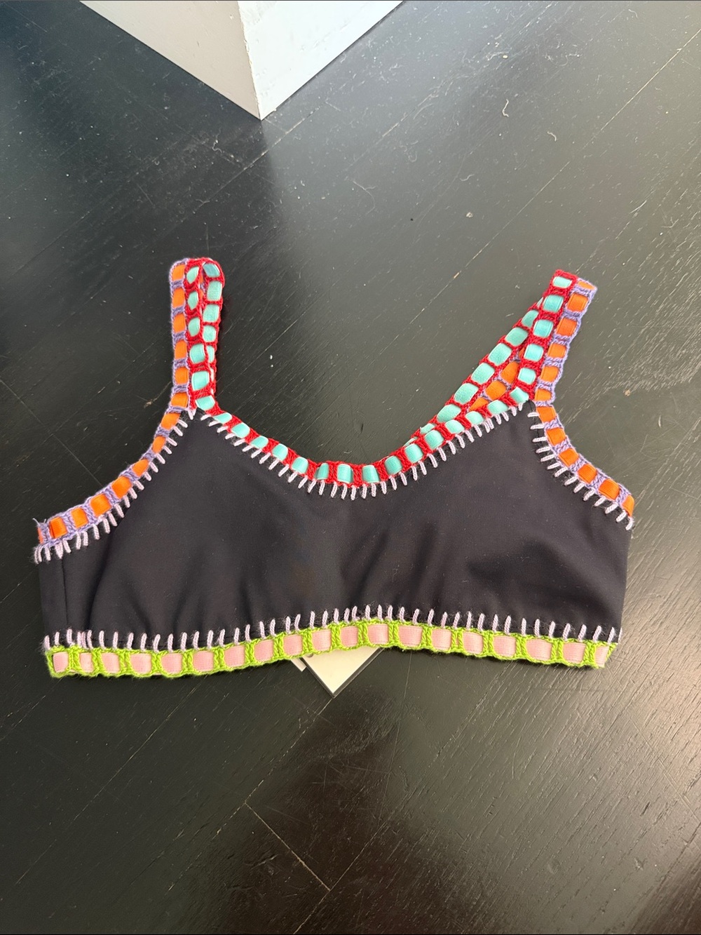 Platinum Swimwear Black Crocheted Trim Swim Top with Bright Accents
